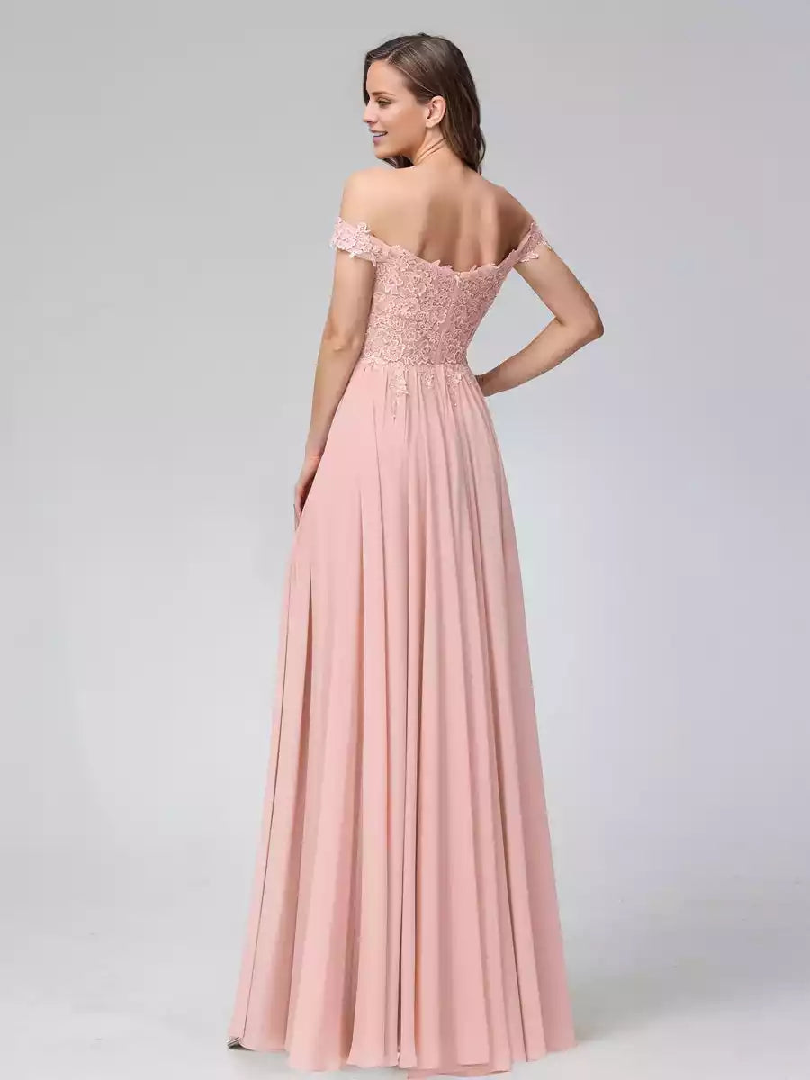 Charming A-line off shoulder sleeveless applique chiffon long side slit Bridesmaid Dresses