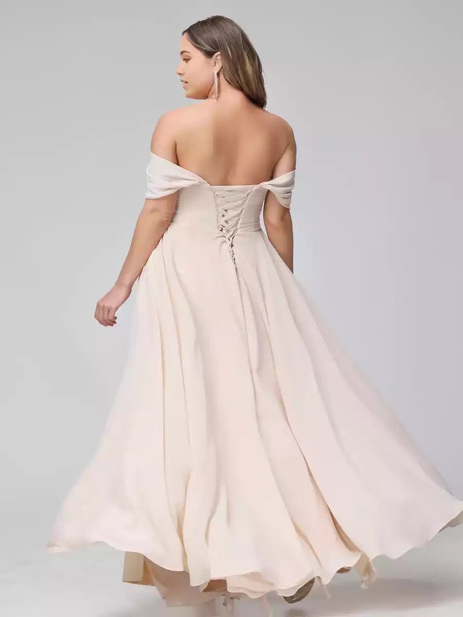 Charming A-line off shoulder sleeveless pleated long chiffon side slit Bridesmaid Dresses