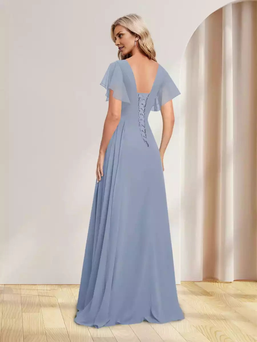 Charming A-line/princess style V-neck long slit chiffon pleated Bridesmaid Dresses