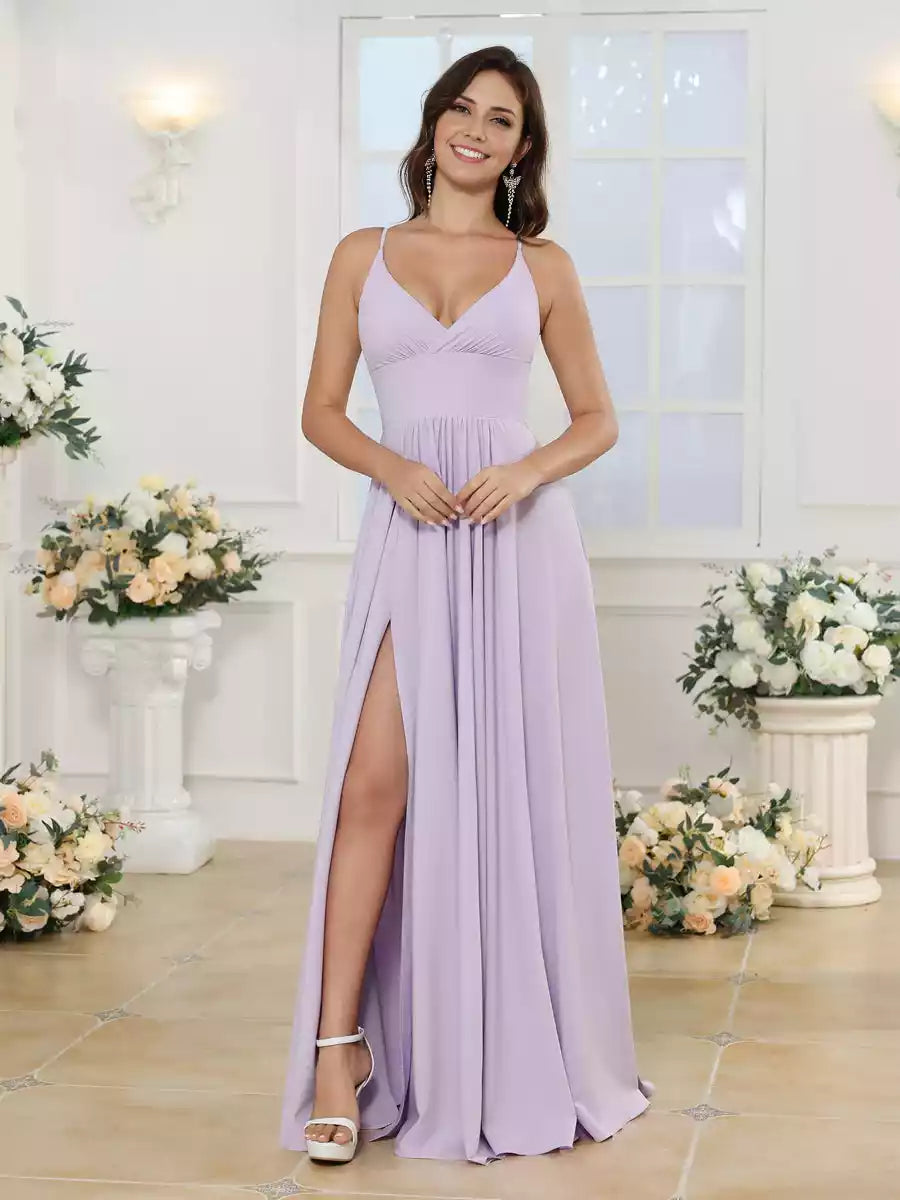 Charming A-line/princess style camisole long style with side slits, thin shoulder straps, sleeveless long style Bridesmaid Dresses
