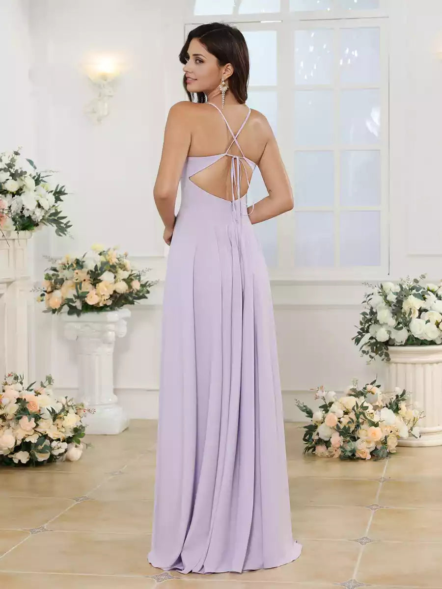 Charming A-line/princess style camisole long style with side slits, thin shoulder straps, sleeveless long style Bridesmaid Dresses