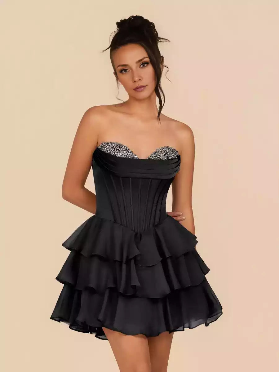 Charming A-line silhouette, classic off shoulder neckline, ruffled bead embellishment, lace up, Homecoming Dresses on the back