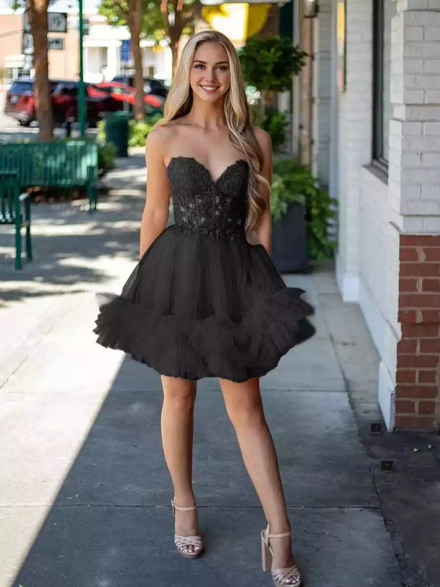 Charming A-line silhouette short chiffon heart-shaped neckline with floral ruffle edge lace up back Homecoming Dresses