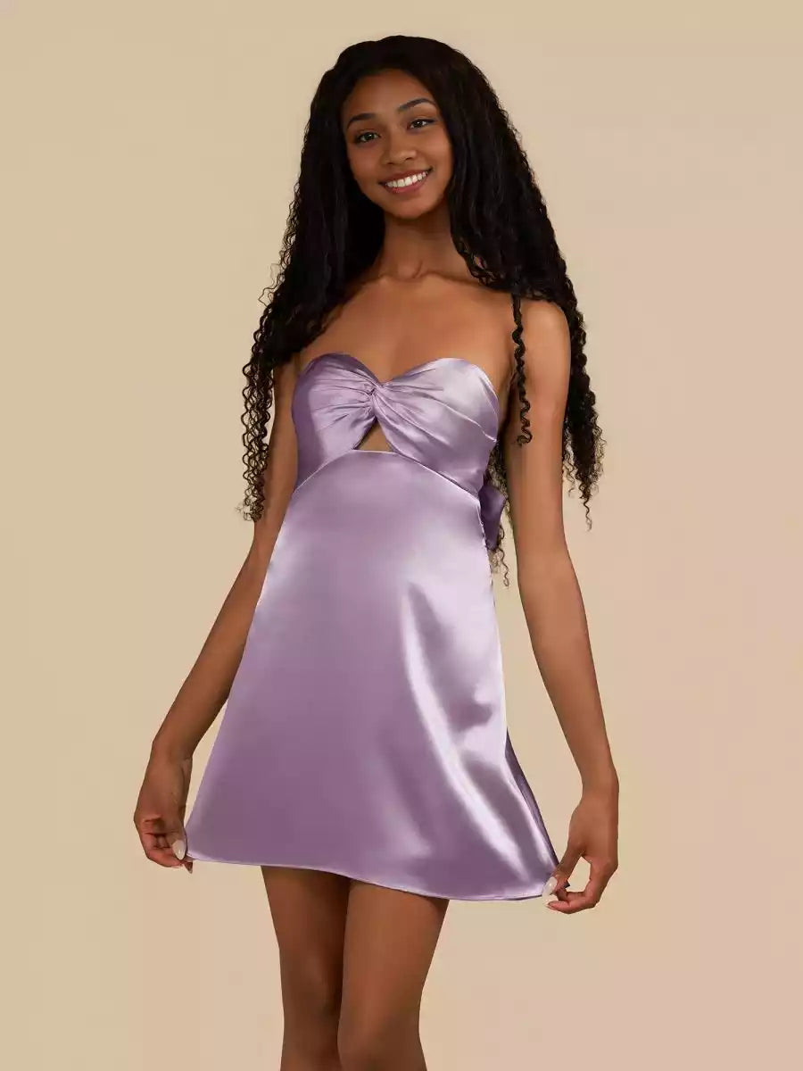 Charming A-line silhouette with off shoulder neckline, lock hole satin sleeveless keyhole strap, back Homecoming Dresses
