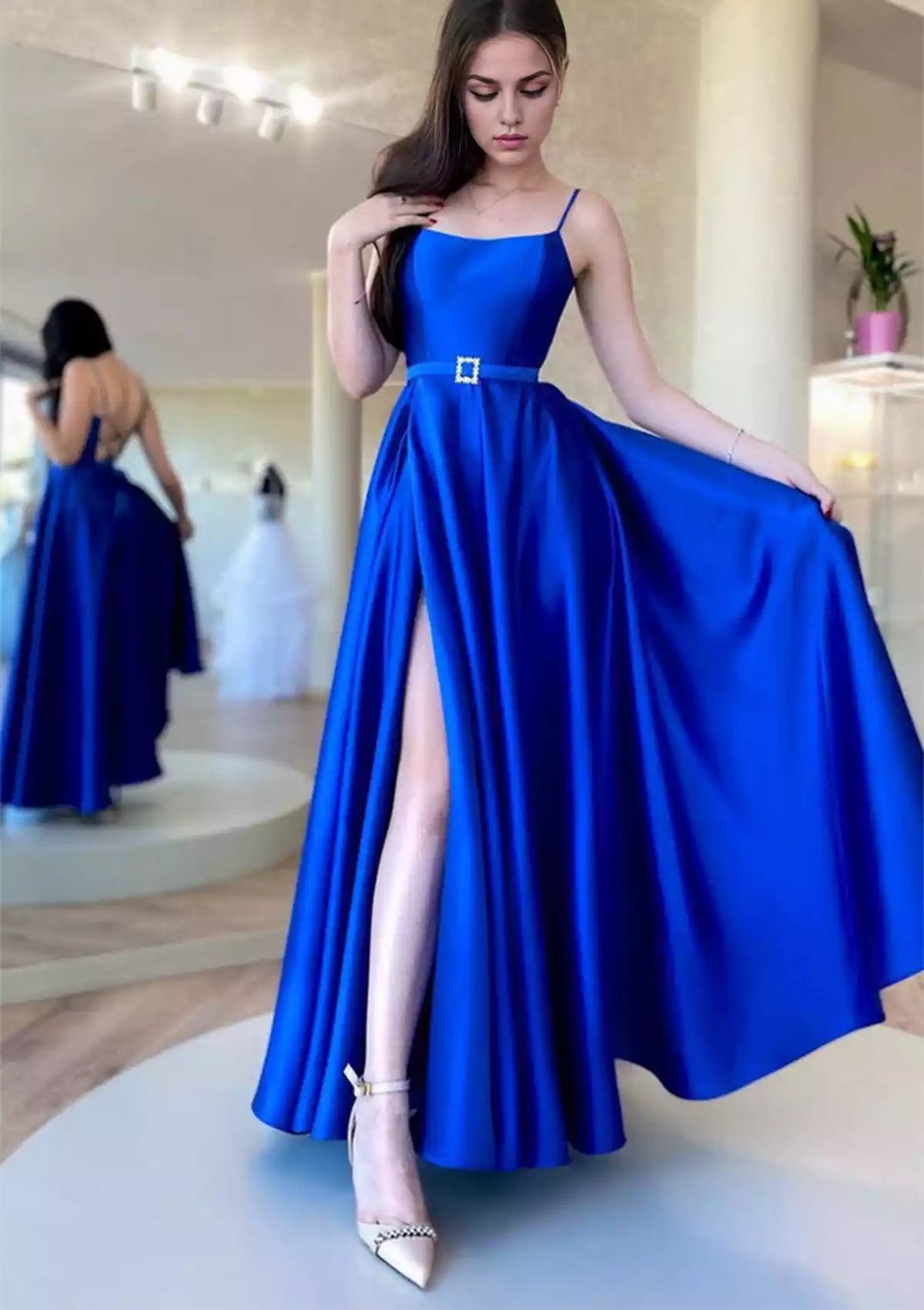 Charming A-line square neck thin shoulder strap and ankle satin sleeveless long Prom Dresses