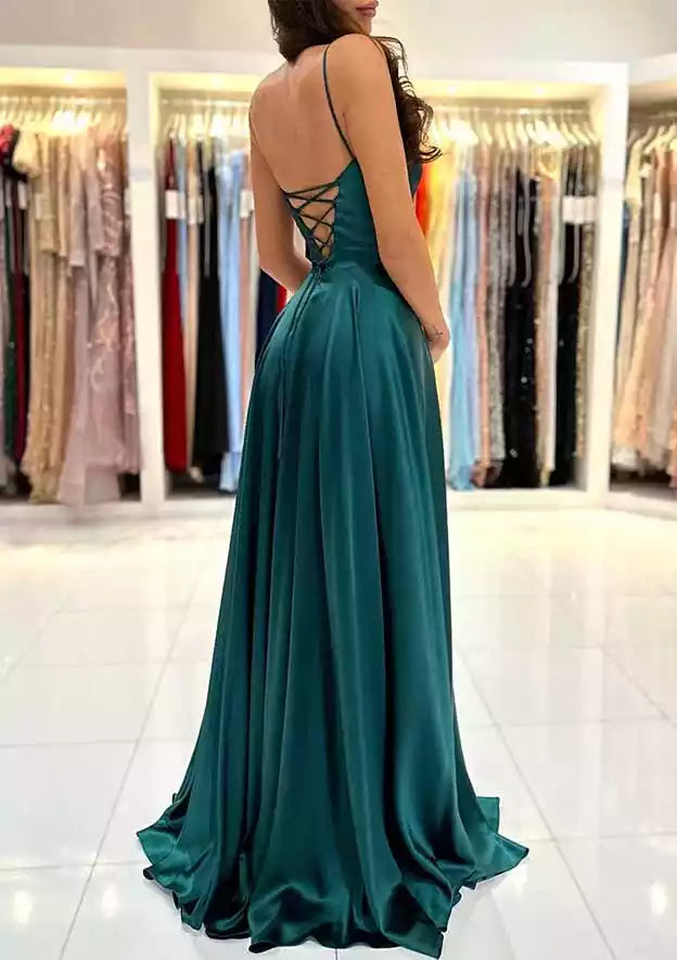 Charming A-line square neck thin shoulder strap with trailing satin slit Prom Dresses