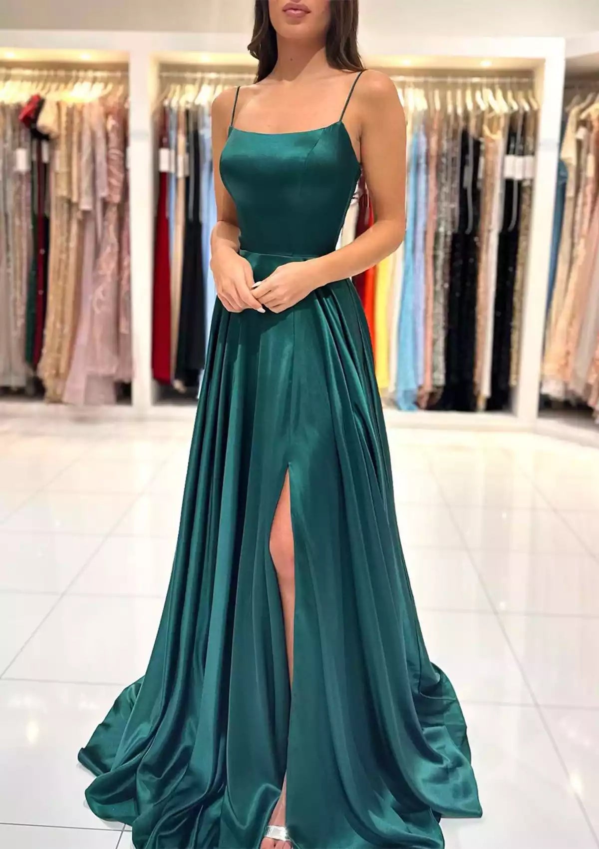 Charming A-line square neck thin shoulder strap with trailing satin slit Prom Dresses