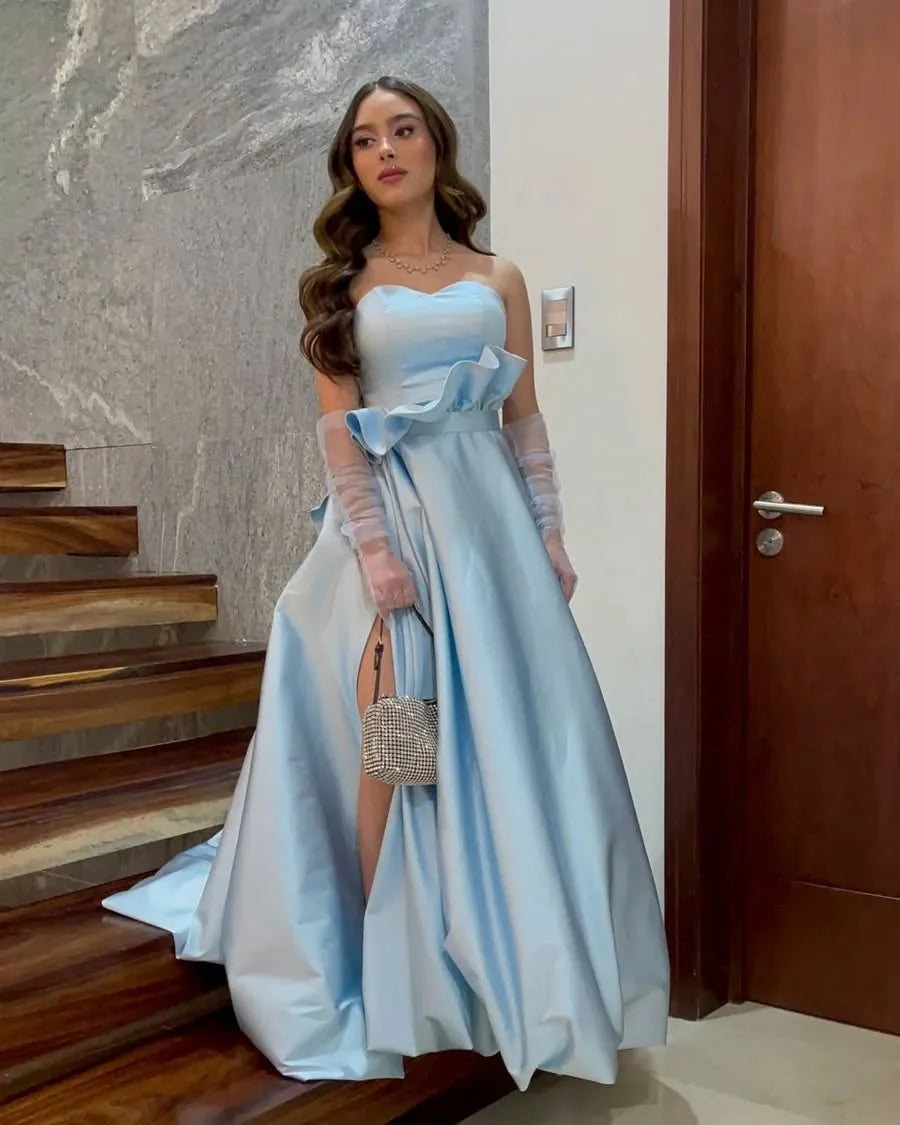 Charming A Line Sweetheart Light Blue Long Prom Dress with Split Front
