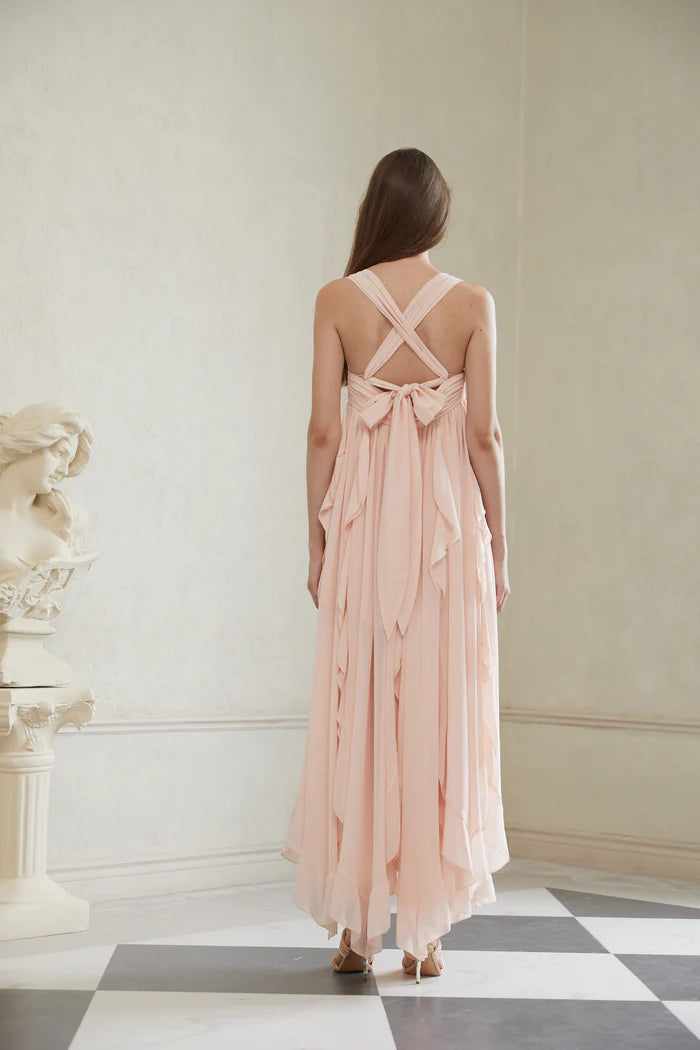 Charming Blush Sweetheart Cross Back Ruffled Asymmetrical Floor Length Evening Dresses