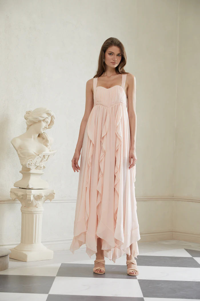 Charming Blush Sweetheart Cross Back Ruffled Asymmetrical Floor Length Evening Dresses