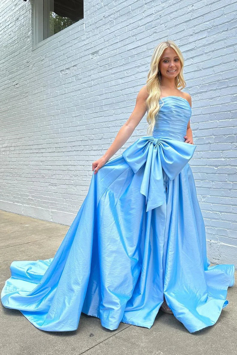 Charming Light Blue A-Line Strapless Court Train Satin Prom Dress