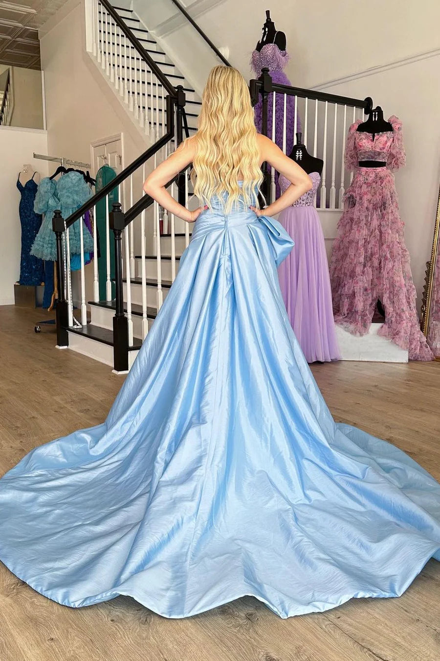 Charming Light Blue A-Line Strapless Court Train Satin Prom Dress