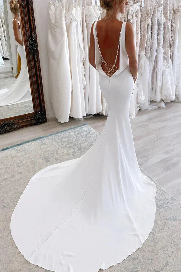 Charming Mermaid V Neck Satin Simple Long Wedding Dress