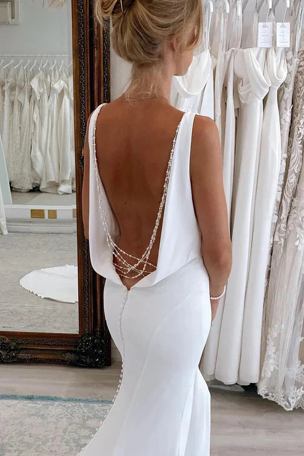 Charming Mermaid V Neck Satin Simple Long Wedding Dress