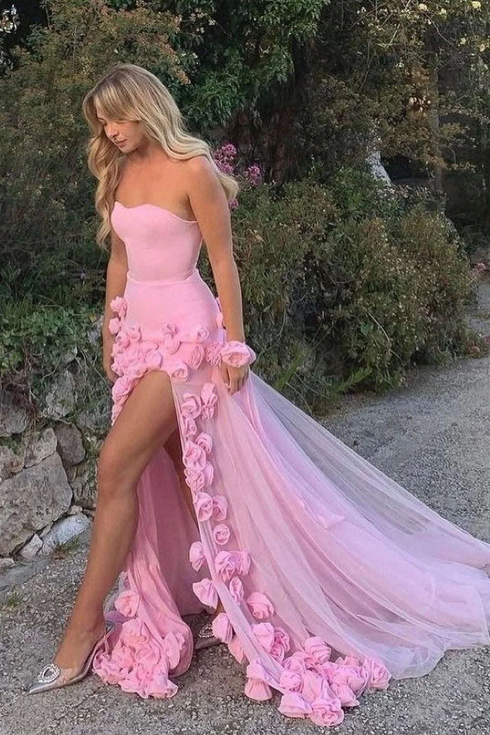 Charming Pink Mermaid Strapless Long Tulle Full Of Charm Prom Dress