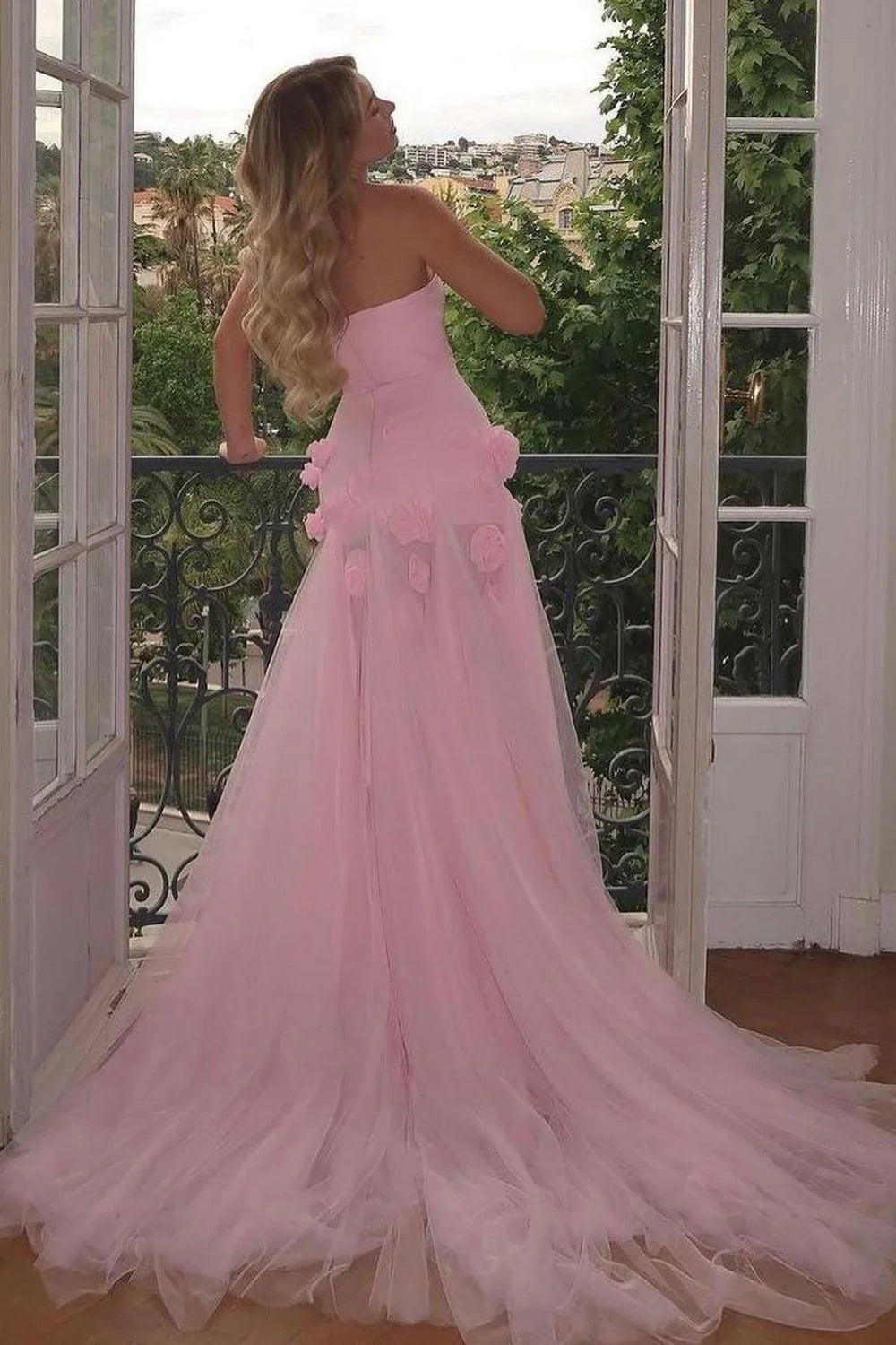 Charming Pink Mermaid Strapless Long Tulle Full Of Charm Prom Dress