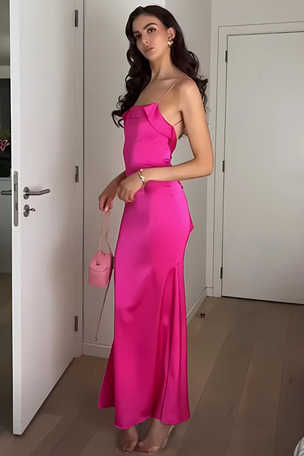 Charming Sheath Spaghetti Straps Fuchsia Long Party Dress with Open Back