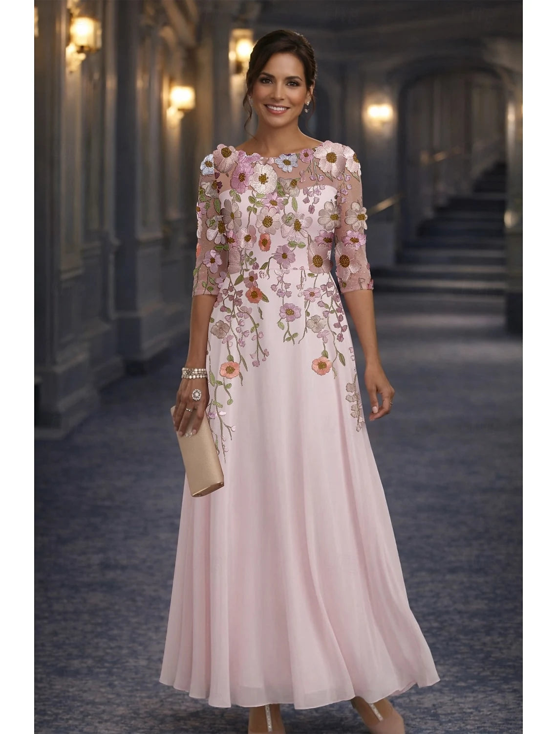 Charming Chiffon A-Line Boat Neck Three-Quarter Sleeve High Back Floor-Length Mother of the Bride Dresses