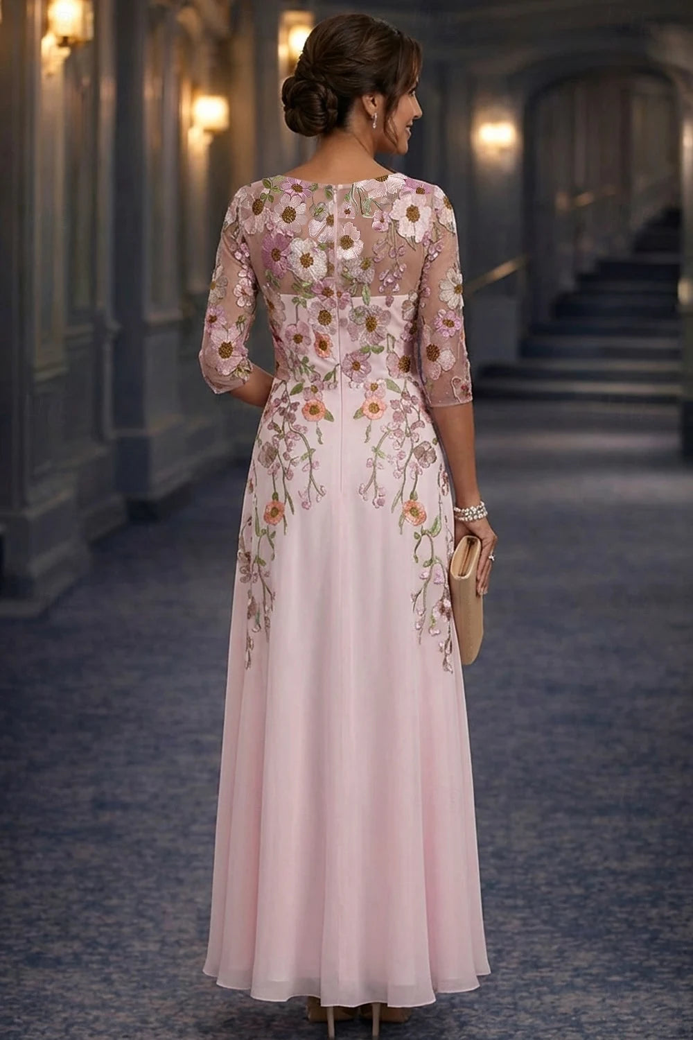 Charming Chiffon A-Line Boat Neck Three-Quarter Sleeve High Back Floor-Length Mother of the Bride Dresses
