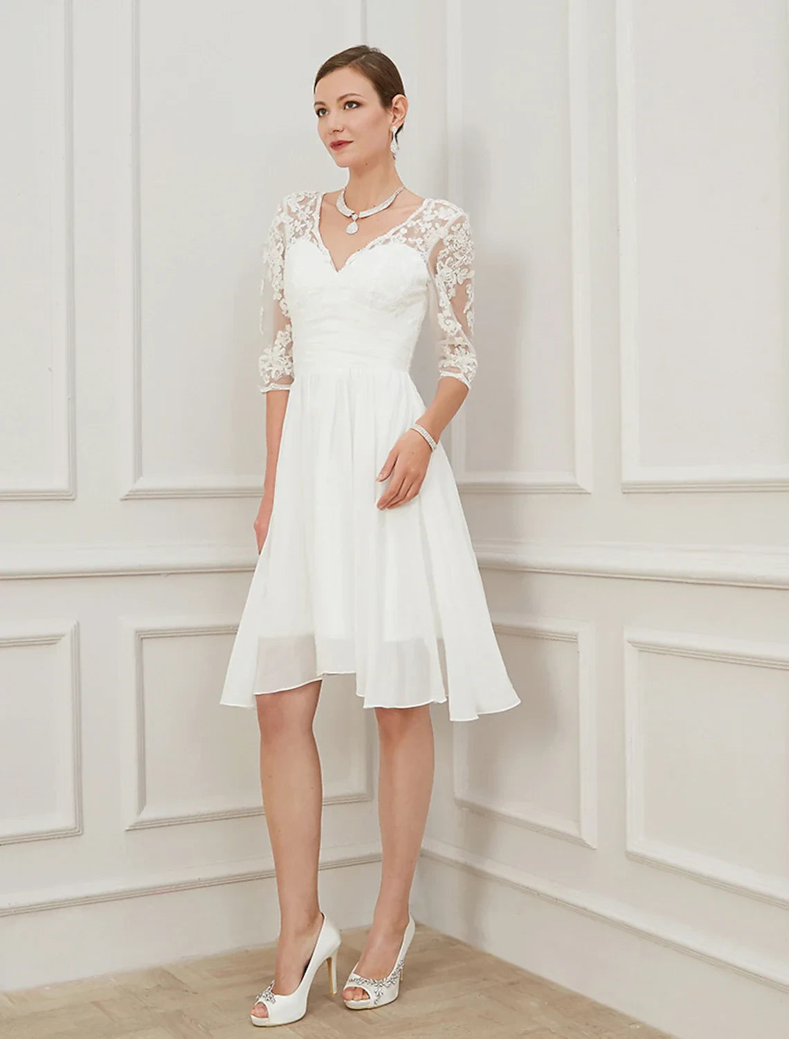 Charming Chiffon A-Line V-Neck Three-Quarter Lace Sleeves Open Back Short Wedding Dresses