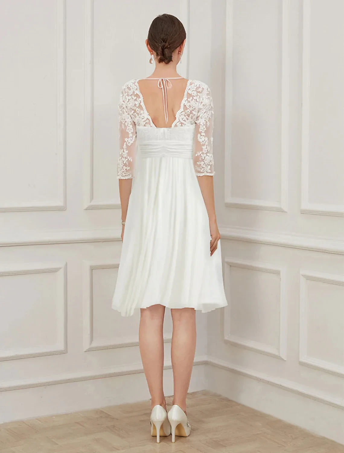 Charming Chiffon A-Line V-Neck Three-Quarter Lace Sleeves Open Back Short Wedding Dresses