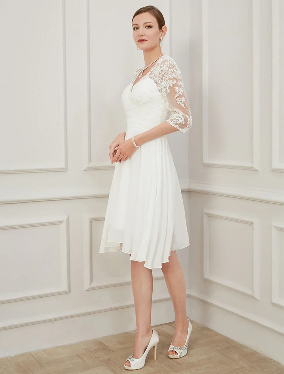 Charming Chiffon A-Line V-Neck Three-Quarter Lace Sleeves Open Back Short Wedding Dresses