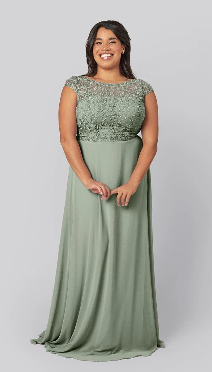 Charming Lace Chiffon A-Line Boat Neck Cap Sleeve Scoop Back Floor-Length Bridesmaid Dresses