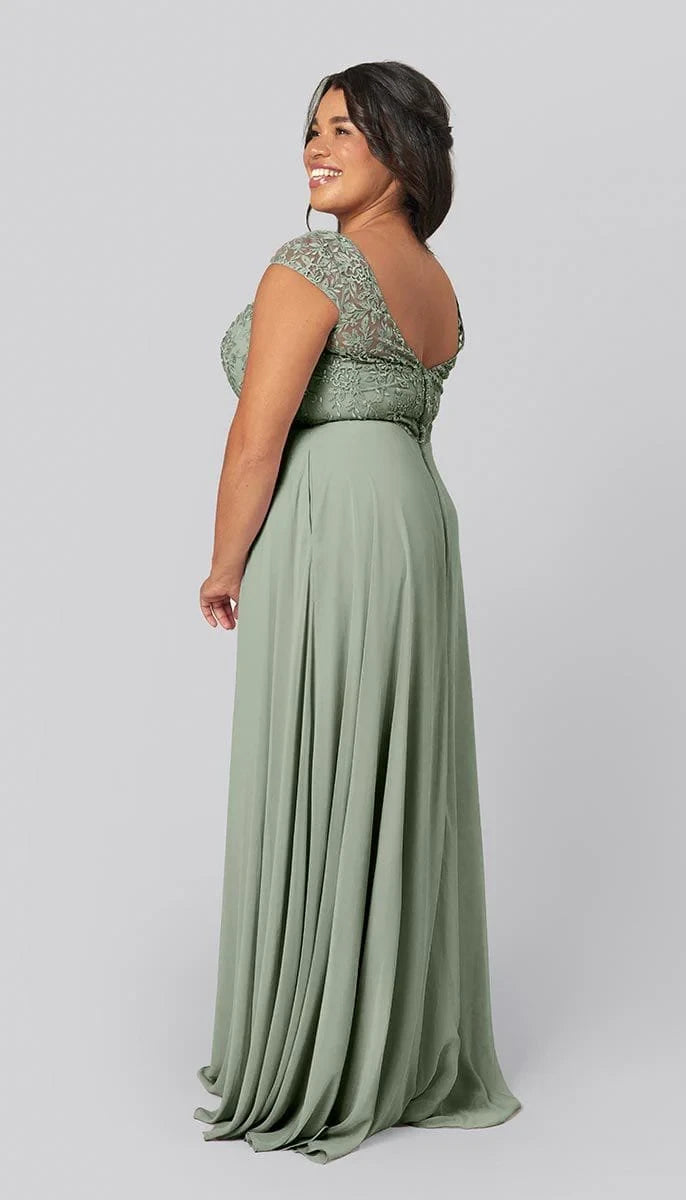 Charming Lace Chiffon A-Line Boat Neck Cap Sleeve Scoop Back Floor-Length Bridesmaid Dresses