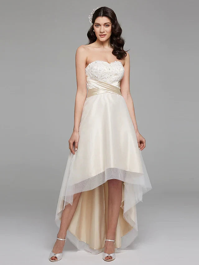 Charming Lace Tulle Satin A-Line Sweetheart Strapless Lace-Up Back High-Low Wedding Dresses
