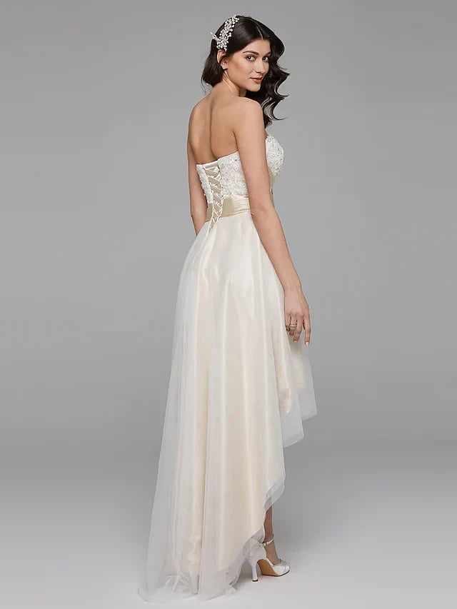 Charming Lace Tulle Satin A-Line Sweetheart Strapless Lace-Up Back High-Low Wedding Dresses
