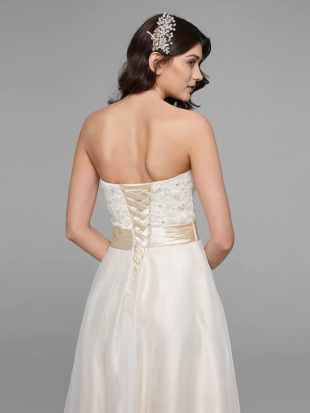 Charming Lace Tulle Satin A-Line Sweetheart Strapless Lace-Up Back High-Low Wedding Dresses