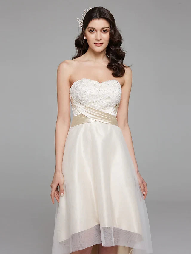 Charming Lace Tulle Satin A-Line Sweetheart Strapless Lace-Up Back High-Low Wedding Dresses
