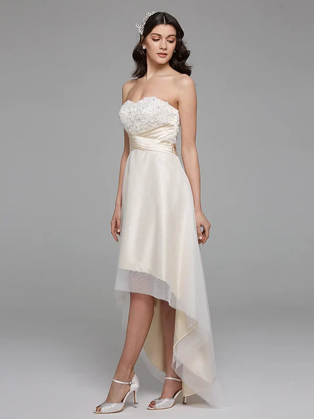 Charming Lace Tulle Satin A-Line Sweetheart Strapless Lace-Up Back High-Low Wedding Dresses