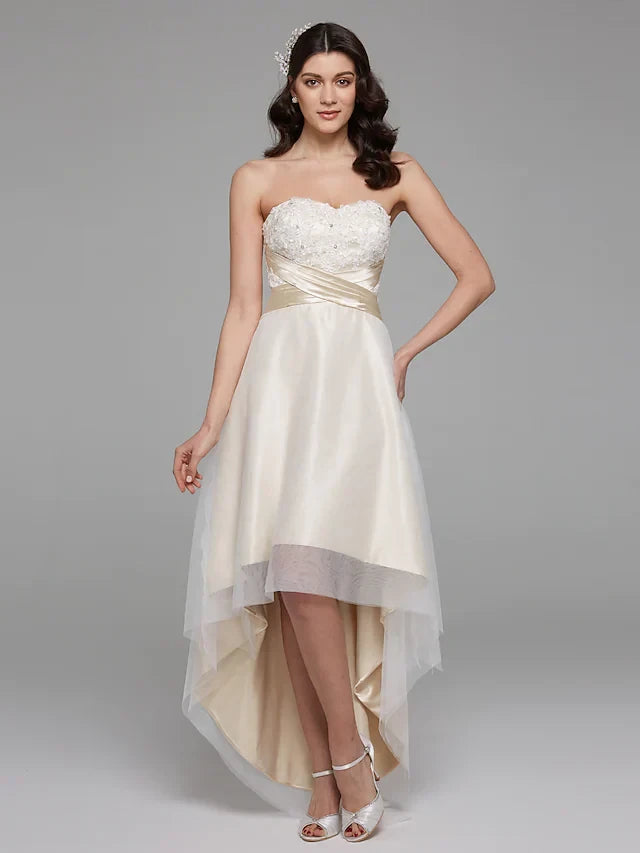 Charming Lace Tulle Satin A-Line Sweetheart Strapless Lace-Up Back High-Low Wedding Dresses