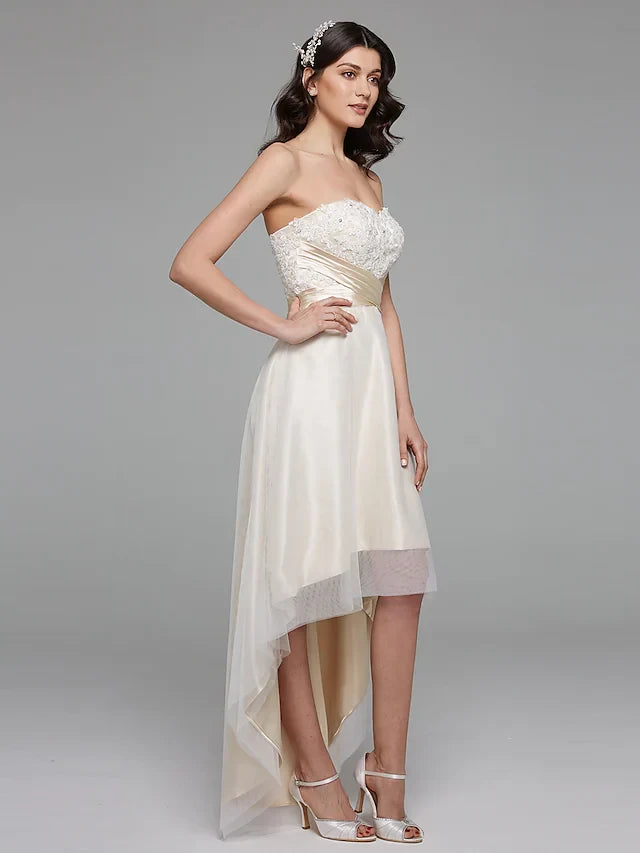 Charming Lace Tulle Satin A-Line Sweetheart Strapless Lace-Up Back High-Low Wedding Dresses