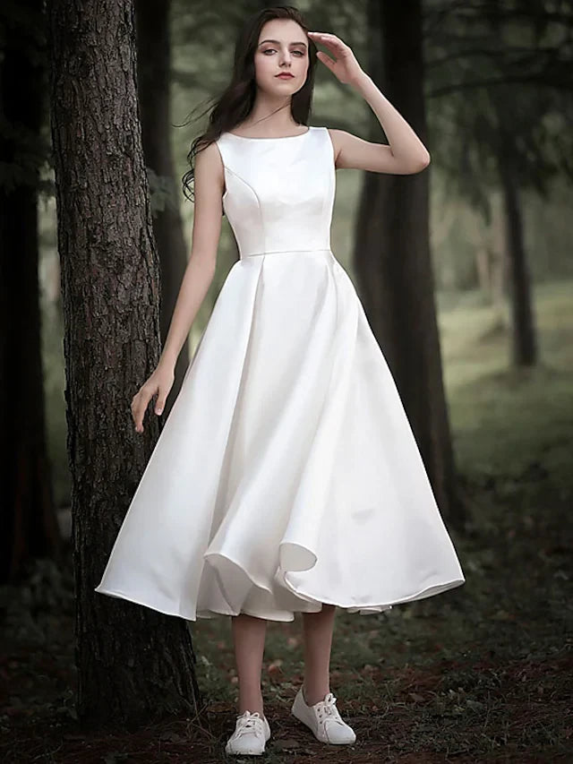 Charming Satin A-Line Boat Neck Sleeveless Scoop Back Tea-Length Wedding Dresses