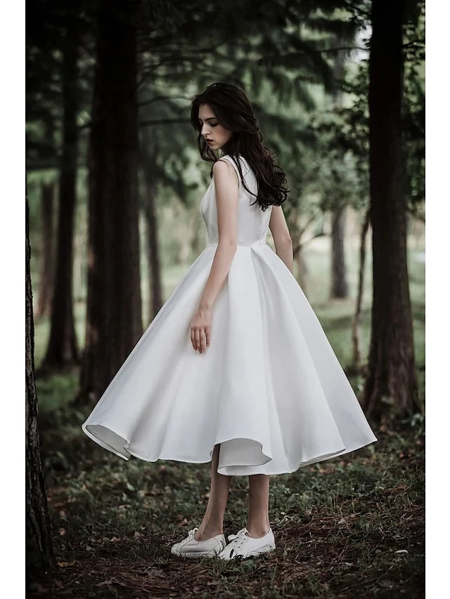 Charming Satin A-Line Boat Neck Sleeveless Scoop Back Tea-Length Wedding Dresses
