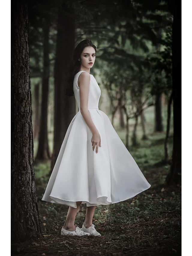 Charming Satin A-Line Boat Neck Sleeveless Scoop Back Tea-Length Wedding Dresses