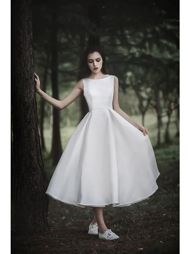 Charming Satin A-Line Boat Neck Sleeveless Scoop Back Tea-Length Wedding Dresses