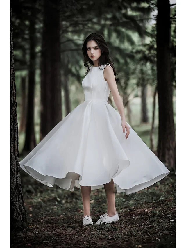 Charming Satin A-Line Boat Neck Sleeveless Scoop Back Tea-Length Wedding Dresses