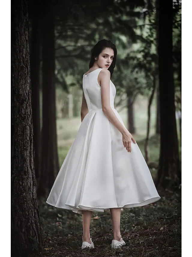 Charming Satin A-Line Boat Neck Sleeveless Scoop Back Tea-Length Wedding Dresses