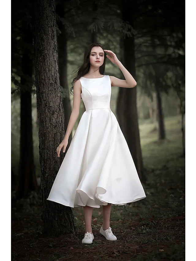 Charming Satin A-Line Boat Neck Sleeveless Scoop Back Tea-Length Wedding Dresses