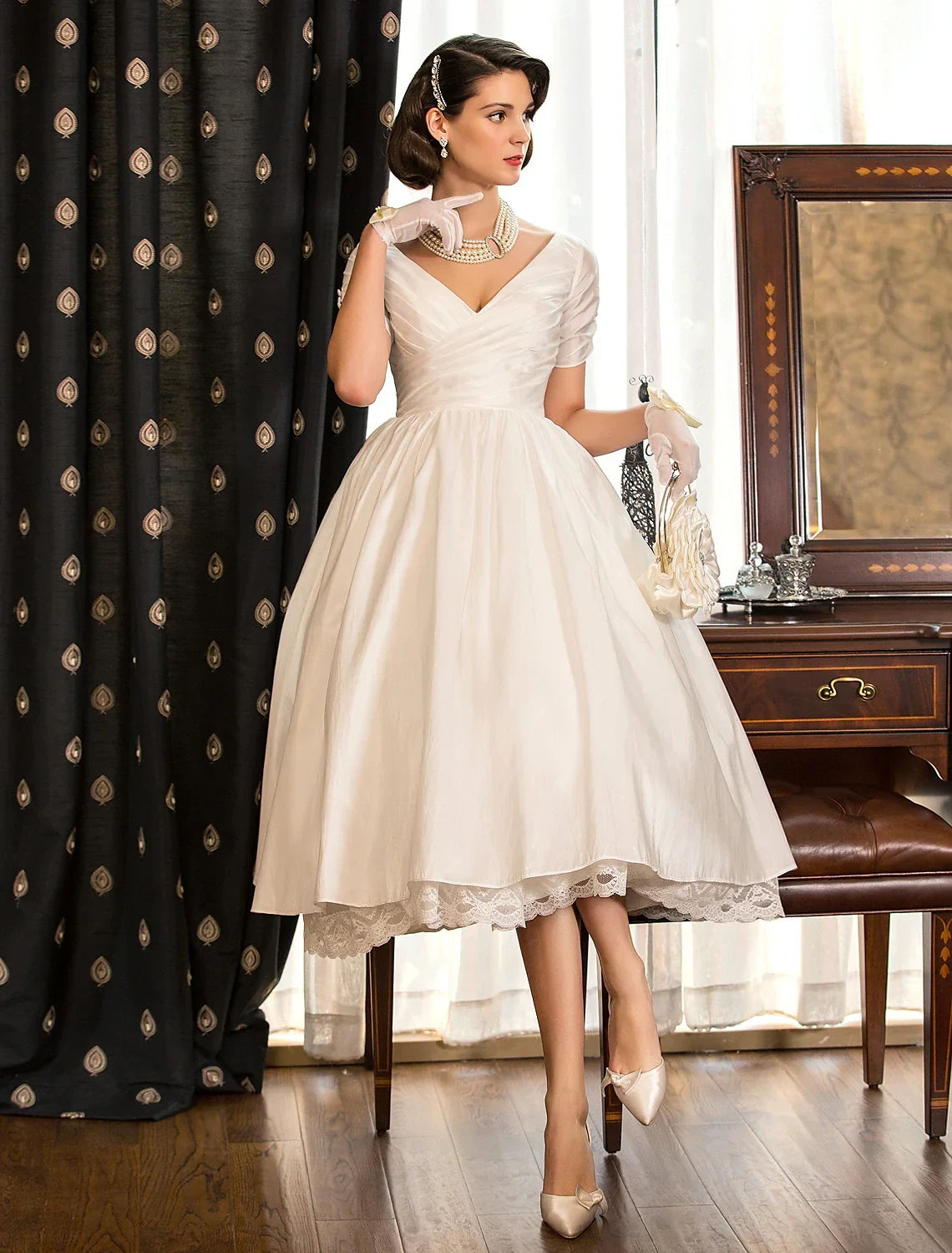 Charming Satin A-Line Draped V-Neck Short Sheer Sleeves Boat Neck Back Tea-Length Wedding Dresses