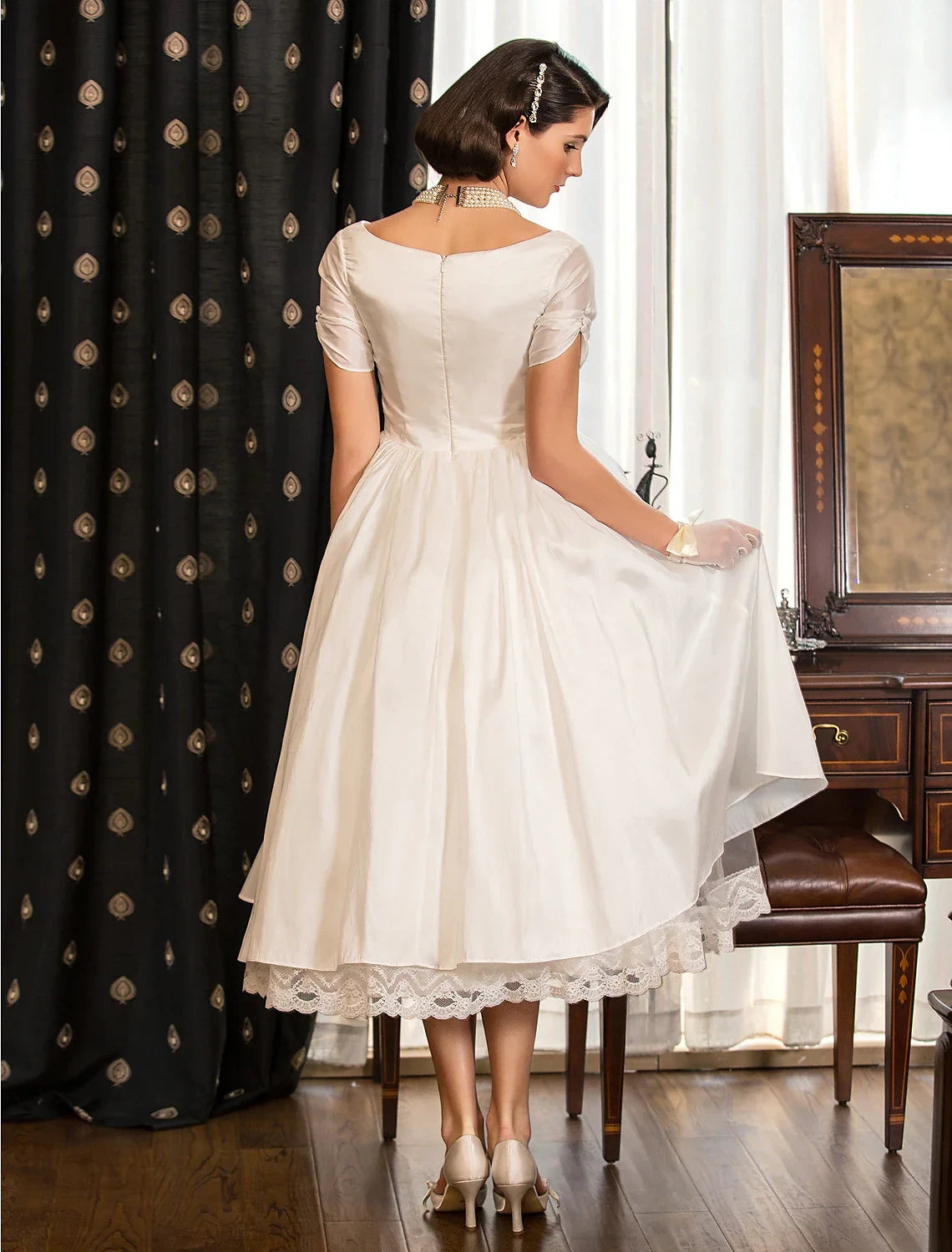 Charming Satin A-Line Draped V-Neck Short Sheer Sleeves Boat Neck Back Tea-Length Wedding Dresses