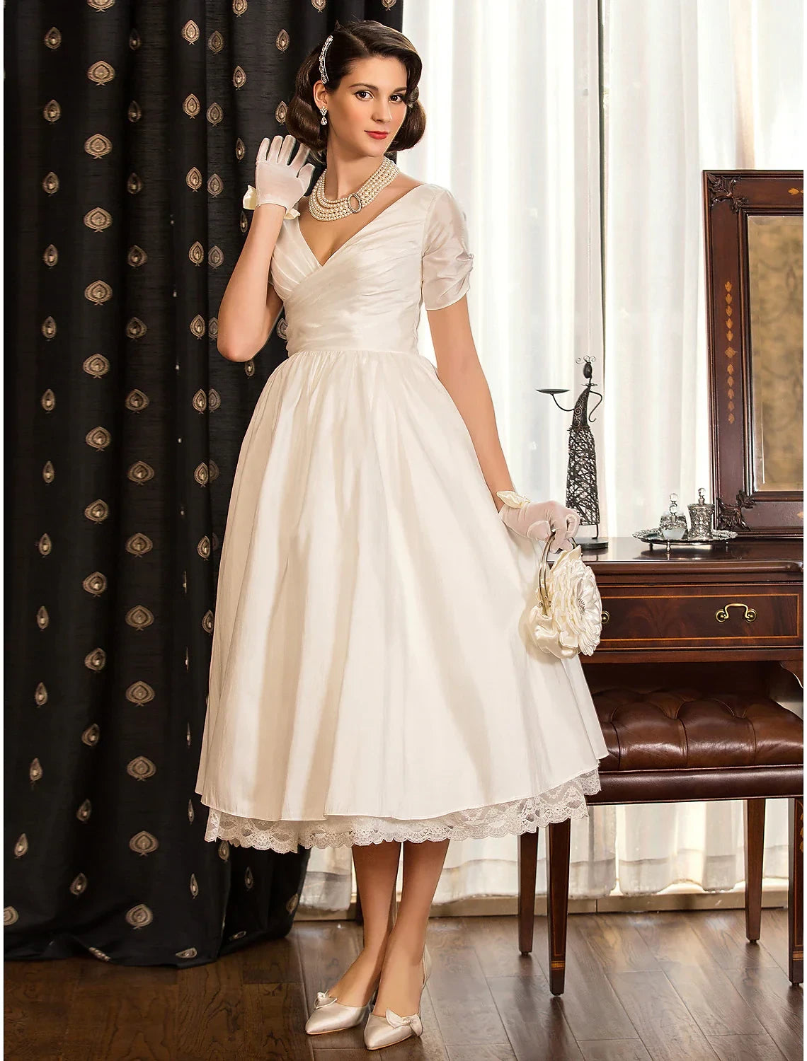 Charming Satin A-Line Draped V-Neck Short Sheer Sleeves Boat Neck Back Tea-Length Wedding Dresses