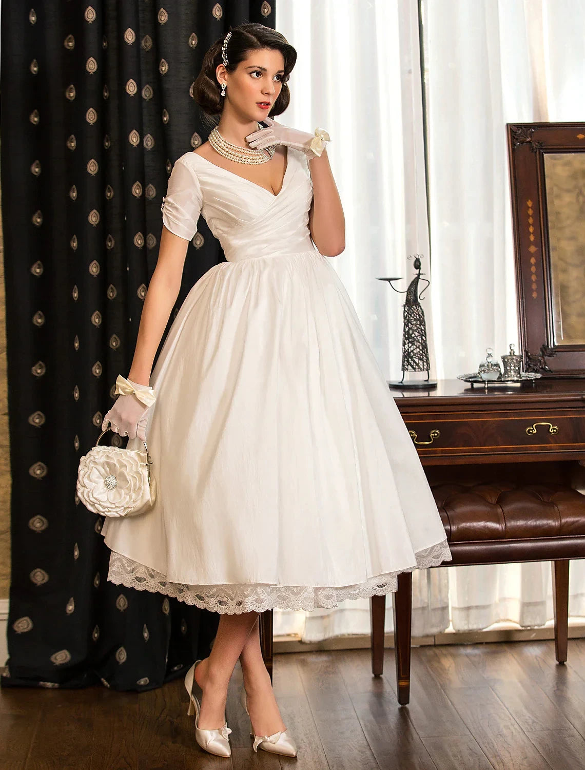 Charming Satin A-Line Draped V-Neck Short Sheer Sleeves Boat Neck Back Tea-Length Wedding Dresses