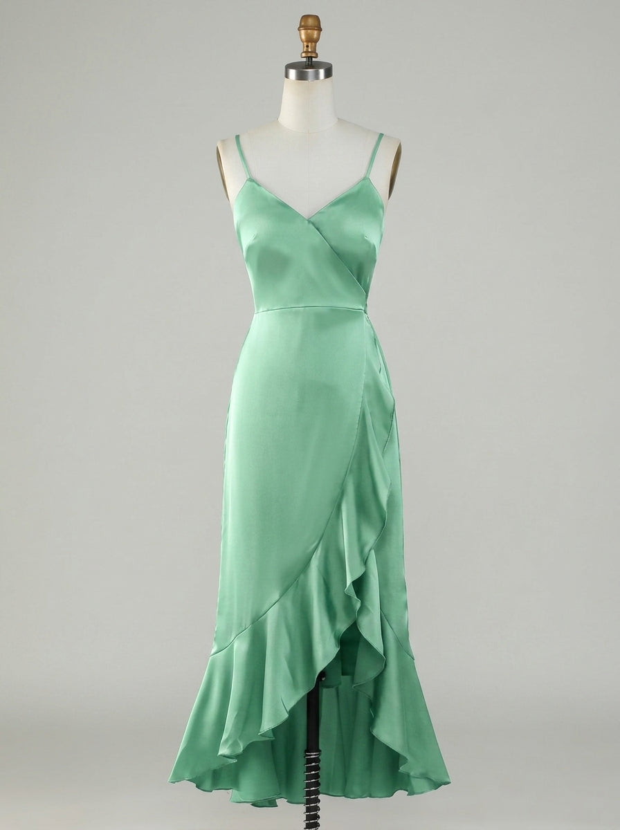 Charming Satin A-Line Spaghetti Strap V-Neck Tie-Back High-Low Bridesmaid Dresses