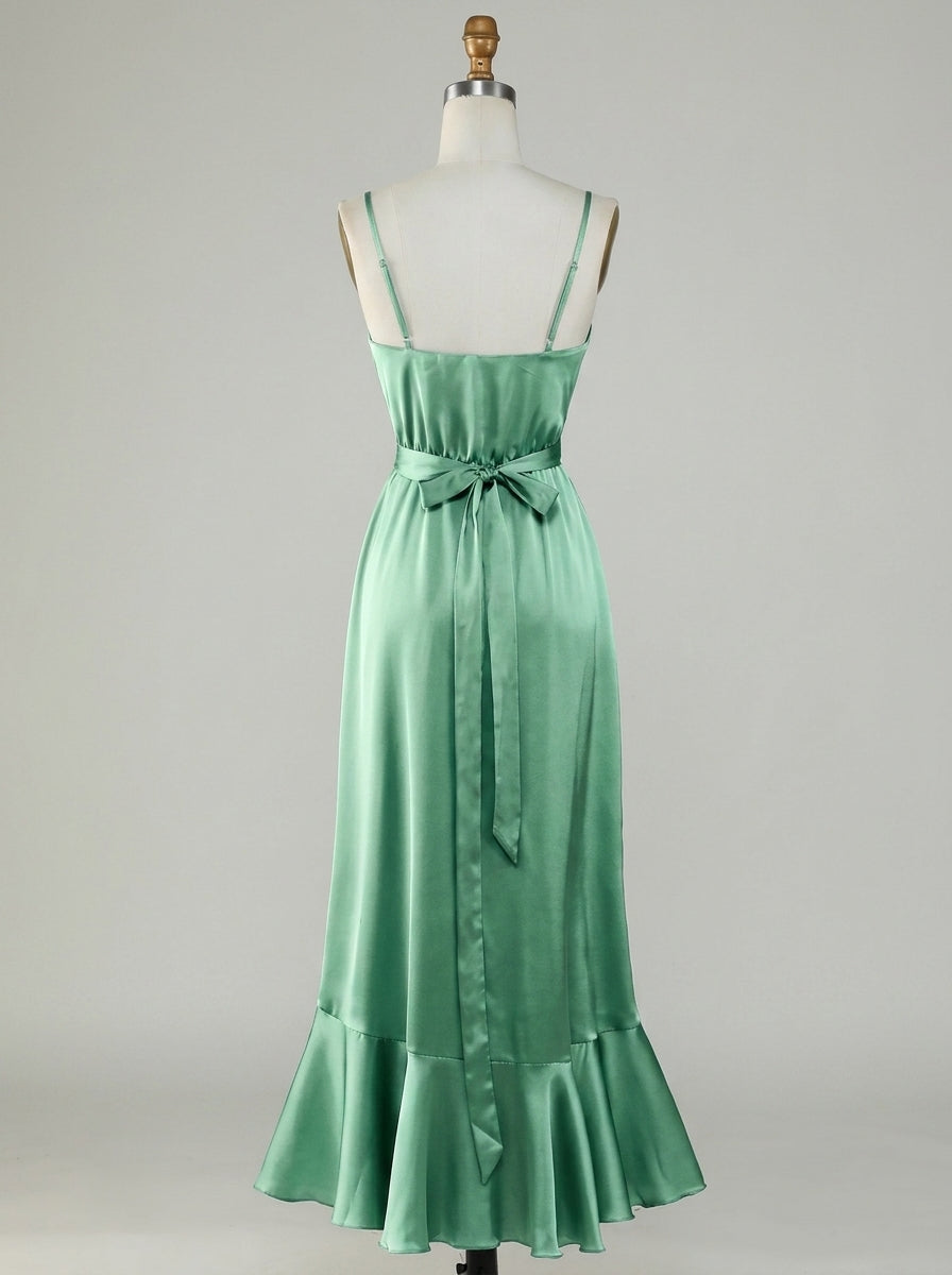 Charming Satin A-Line Spaghetti Strap V-Neck Tie-Back High-Low Bridesmaid Dresses