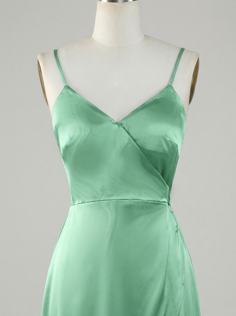 Charming Satin A-Line Spaghetti Strap V-Neck Tie-Back High-Low Bridesmaid Dresses