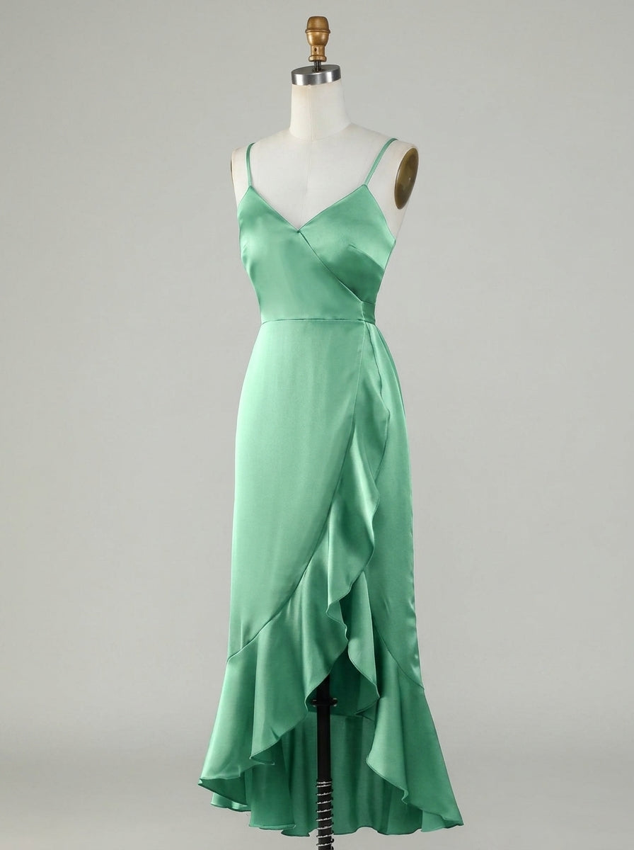 Charming Satin A-Line Spaghetti Strap V-Neck Tie-Back High-Low Bridesmaid Dresses